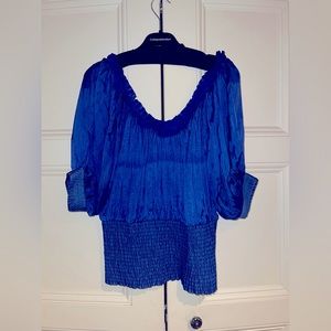 CATHERINE MALANDRINO Royal Blue Short Sleeve Ruched Waist Blouse